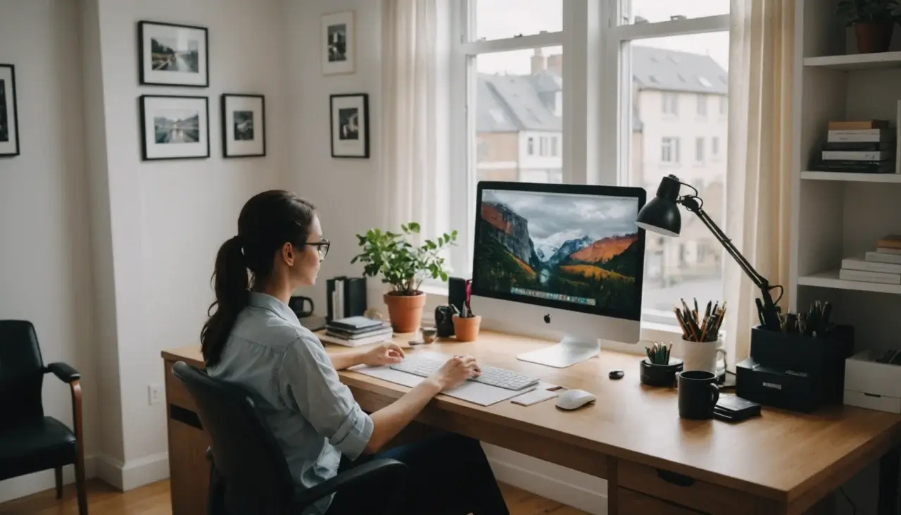 A clean and organized home office space, with a person working at a desk, bright