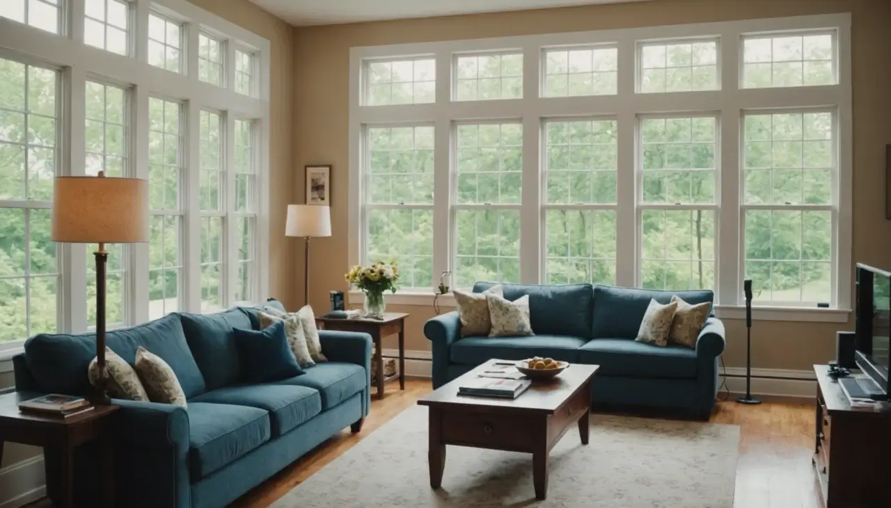 Professional cleaner tidying a bright, organized Reston home interior with daylight streaming in.
