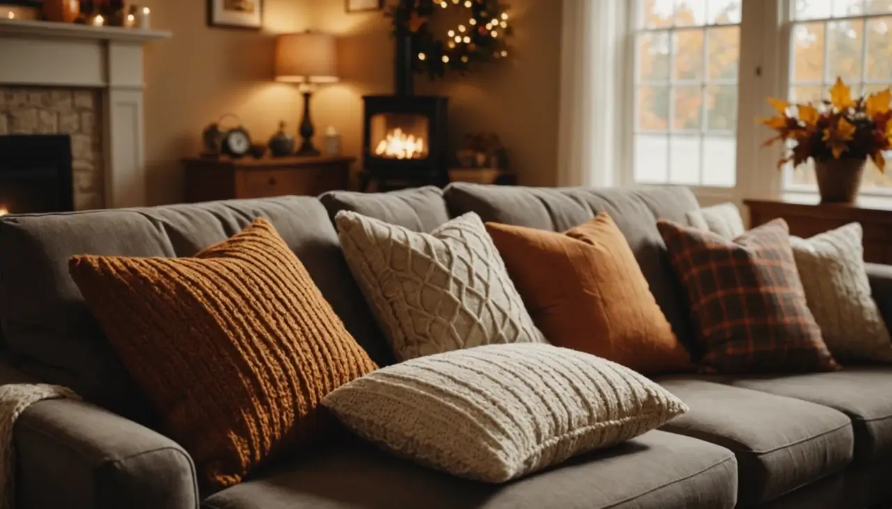 A cozy living room with seasonal decor, like autumn-themed pillows and a warm throw. POV