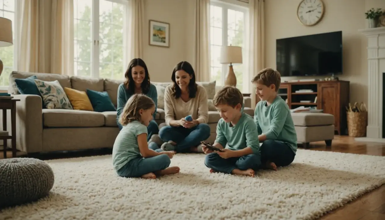 A family in an Alexandria home enjoying a clean living room, children playing on allergen-free