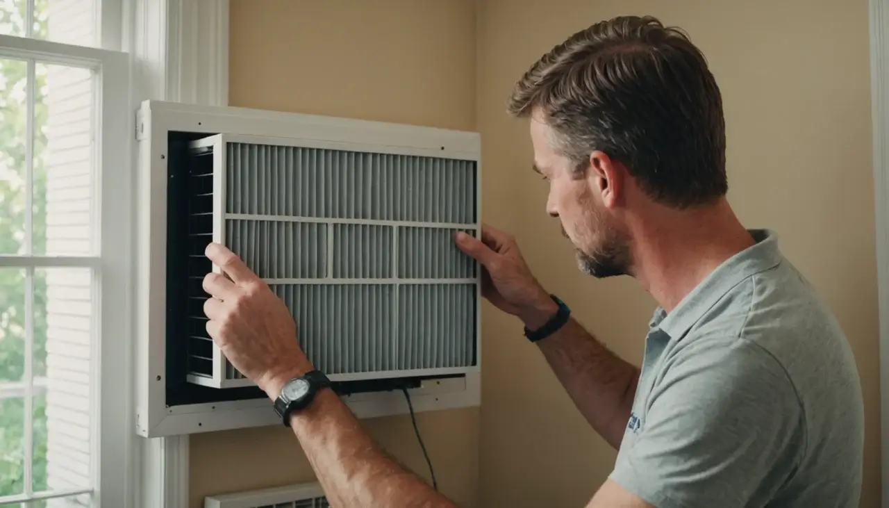 A homeowner in an Alexandria home replacing an HVAC filter, detailed focus on the filter