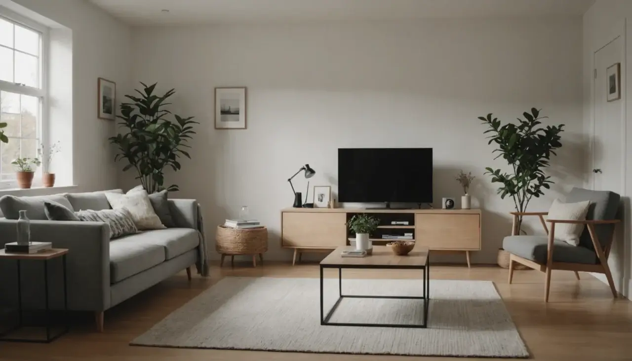 A minimalist living room with few pieces of furniture and decor, emphasizing simplicity and space.