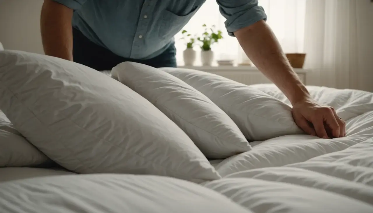 A person making a bed in a sunlit bedroom, with neatly arranged pillows and a