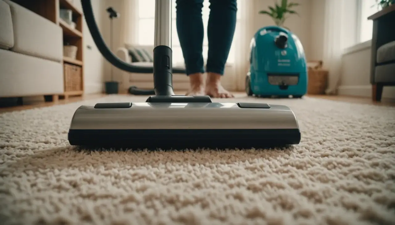 A person using a vacuum cleaner on a pet-friendly carpet, with sunlight streaming through a