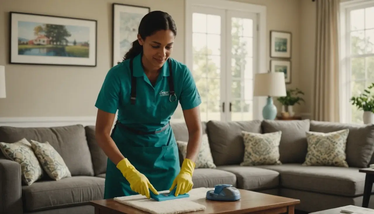 A professional cleaner in an Alexandria home using eco-friendly products, cleaning upholstery, well-lit and organized