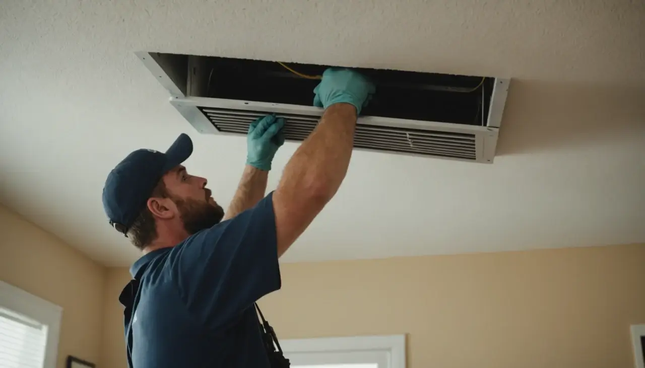 A technician cleaning air ducts in an Alexandria home, using specialized equipment, with detailed focus