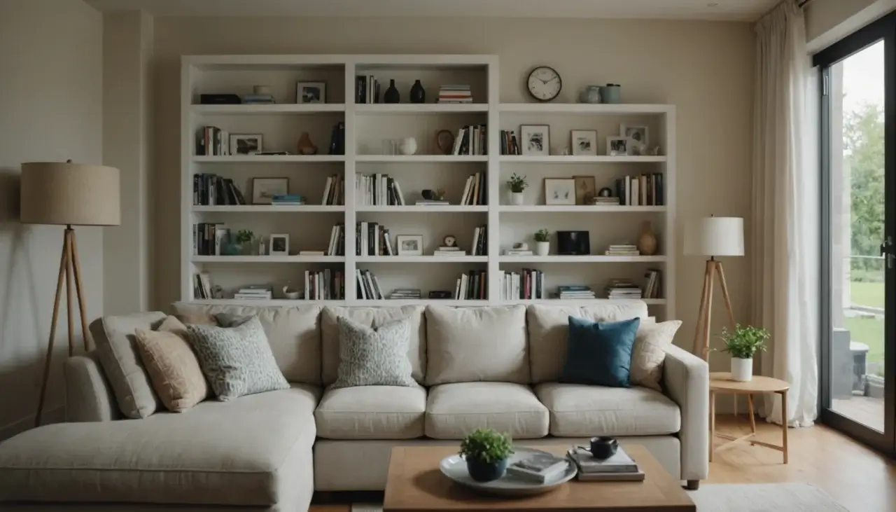 Tidy Centreville living room with natural light, clean sofa, organized shelves, serene atmosphere.