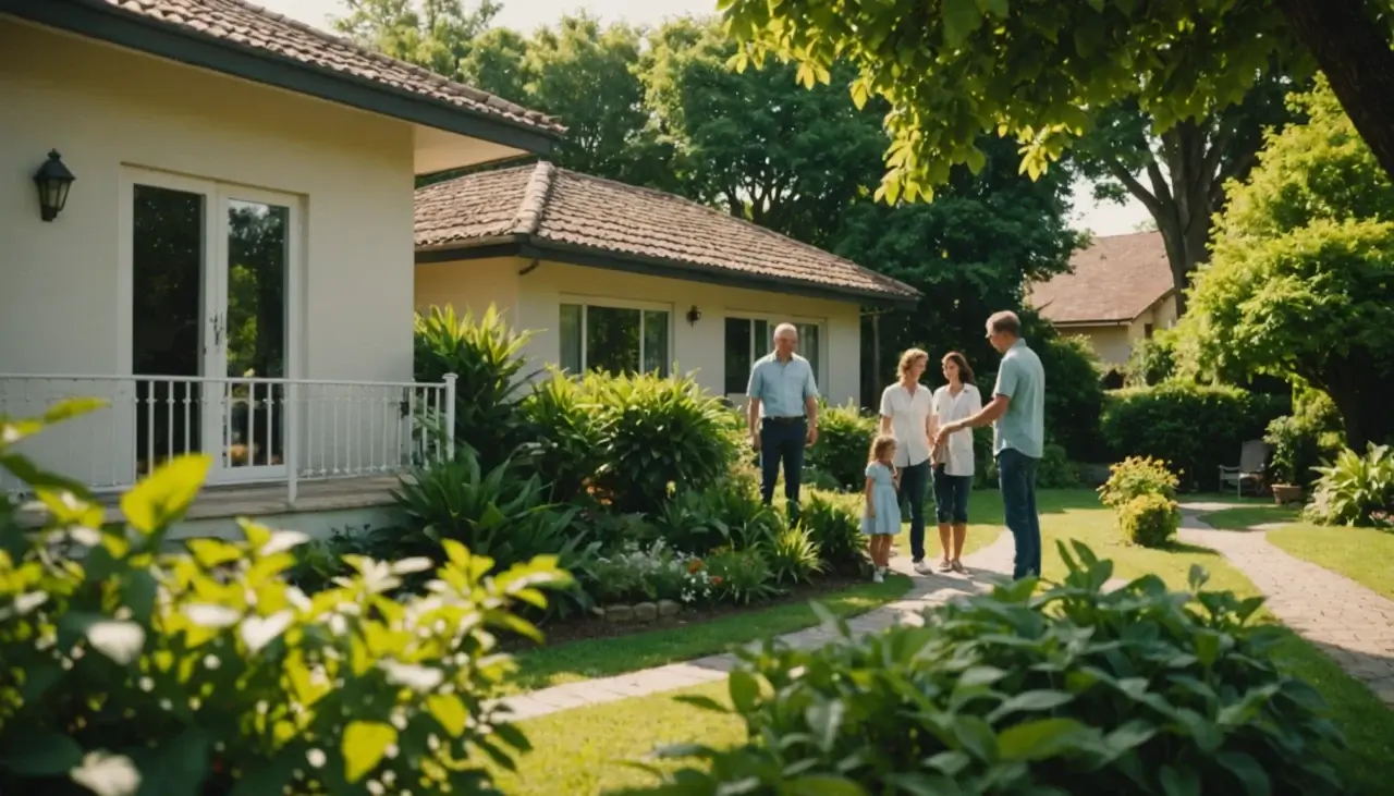 A well-maintained home exterior with lush greenery, a family enjoying the outdoors, sunny day, representing