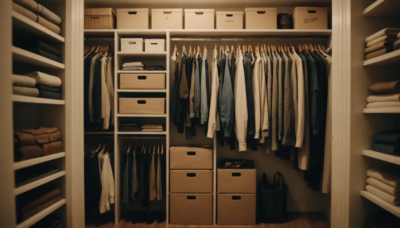 A well-organized closet with labeled boxes and neatly hung clothes, showcasing efficient use of space.