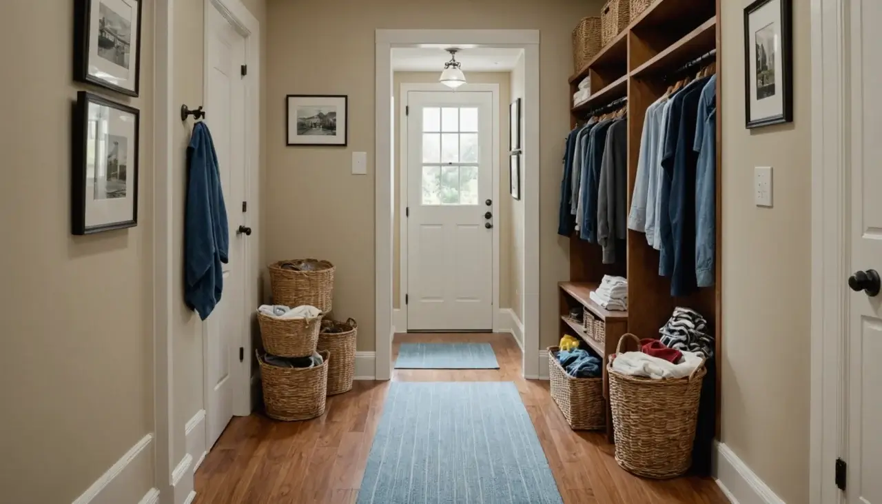 Tidy hallway leads to organized laundry nook with cleaning supplies.