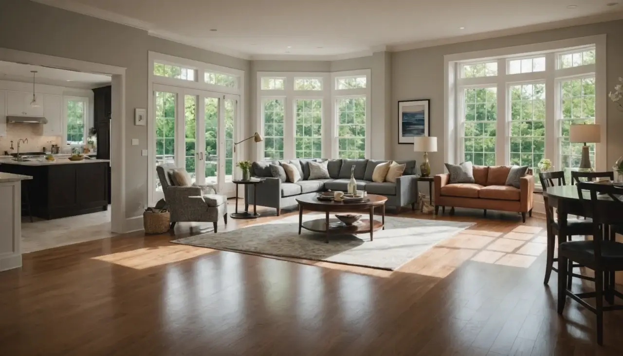 Pristine living room and kitchen with sunlight streaming through windows