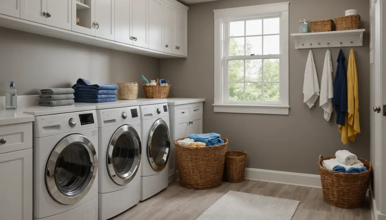 Organized laundry room with smart thermostat and cleaning supplies