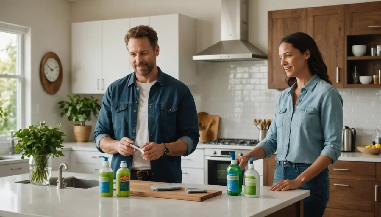 Homeowner and cleaner discuss eco-friendly products in modern Fairfax kitchen