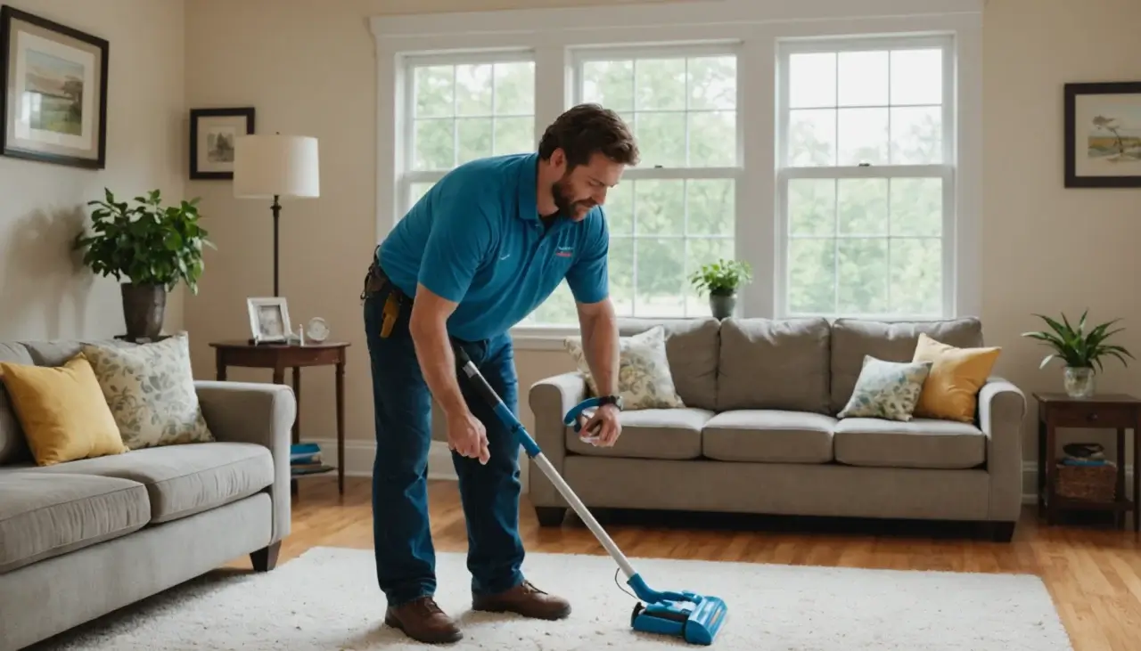 Cleaning professional and homeowner examining moisture issues near a window