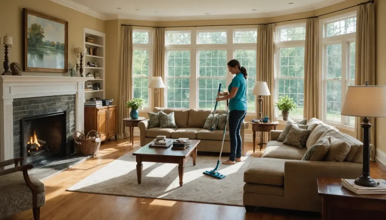 Family and house cleaner in a bright, tidy living room