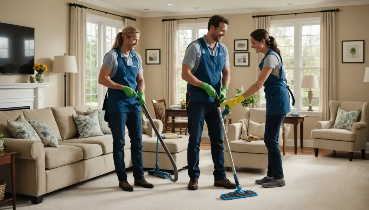House cleaning team consulting with homeowner in a bright living room