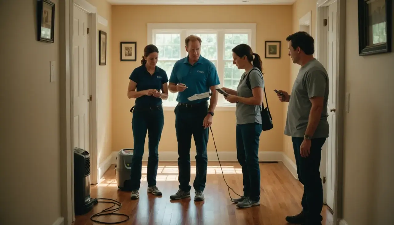 Homeowners and cleaner discuss humidity near HVAC vent and dehumidifier