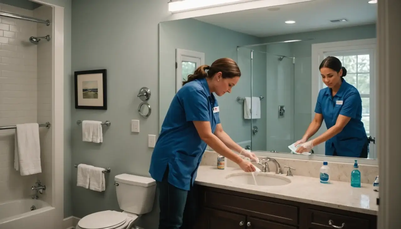Two cleaners deep clean a modern bathroom, checking a list.