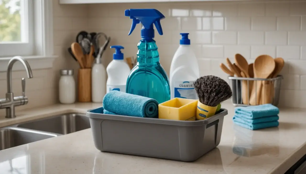 Photographic tight close-up of a neatly arranged professional cleaning caddy on a pristine kitchen counter