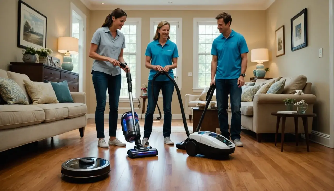 Homeowner and cleaners discussing pet cleaning tools in a living room